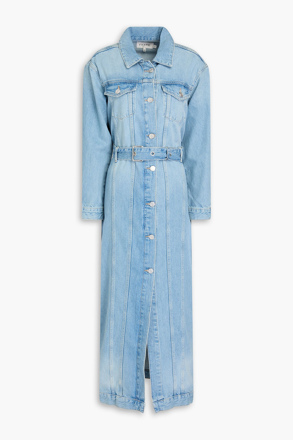 Frame Belted Denim Midi Dress In Blue