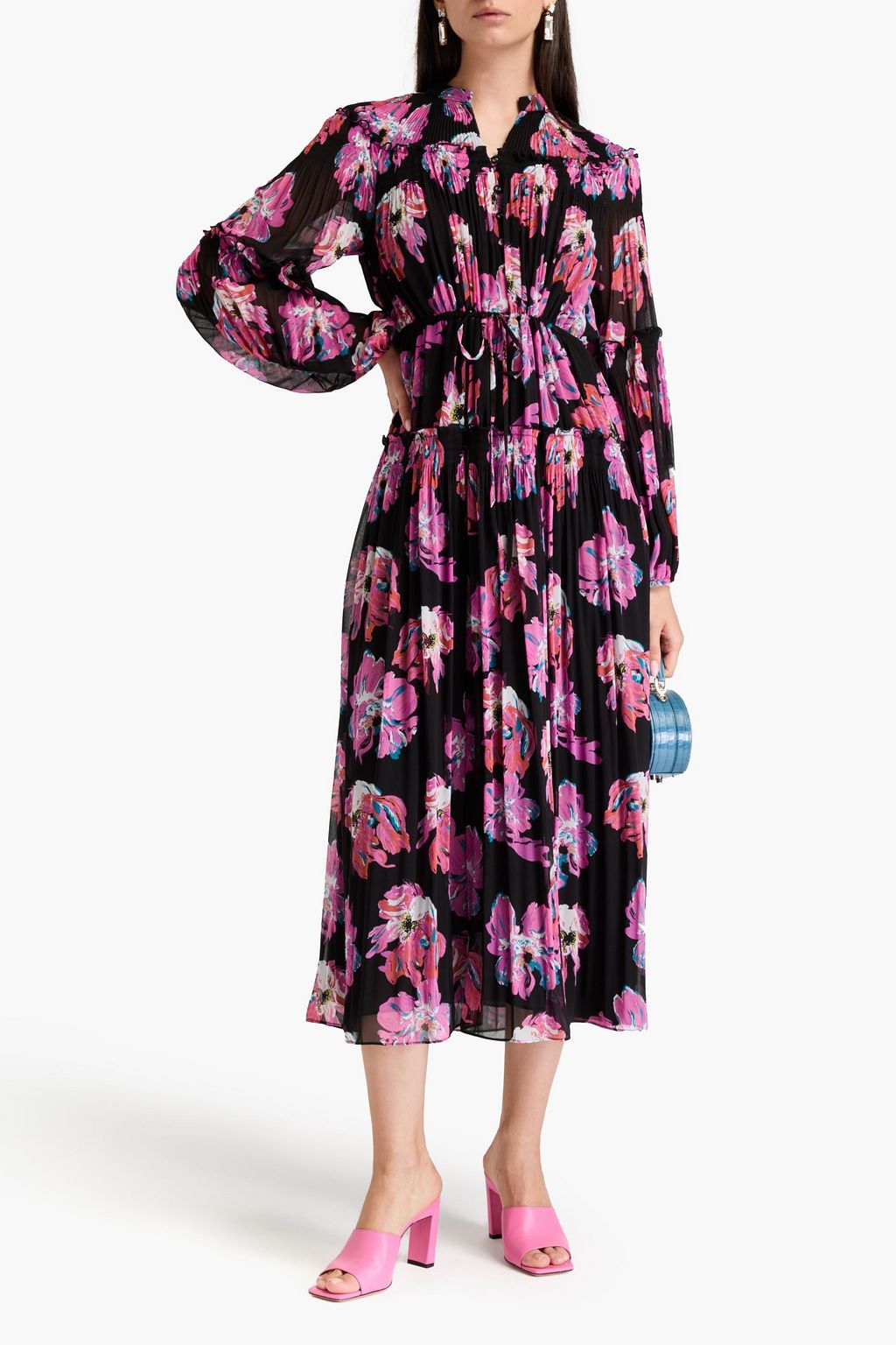 DIANE VON FURSTENBERG فستان Link متوسط الطول من الجورجيت ومزين بطبعة الأزهار