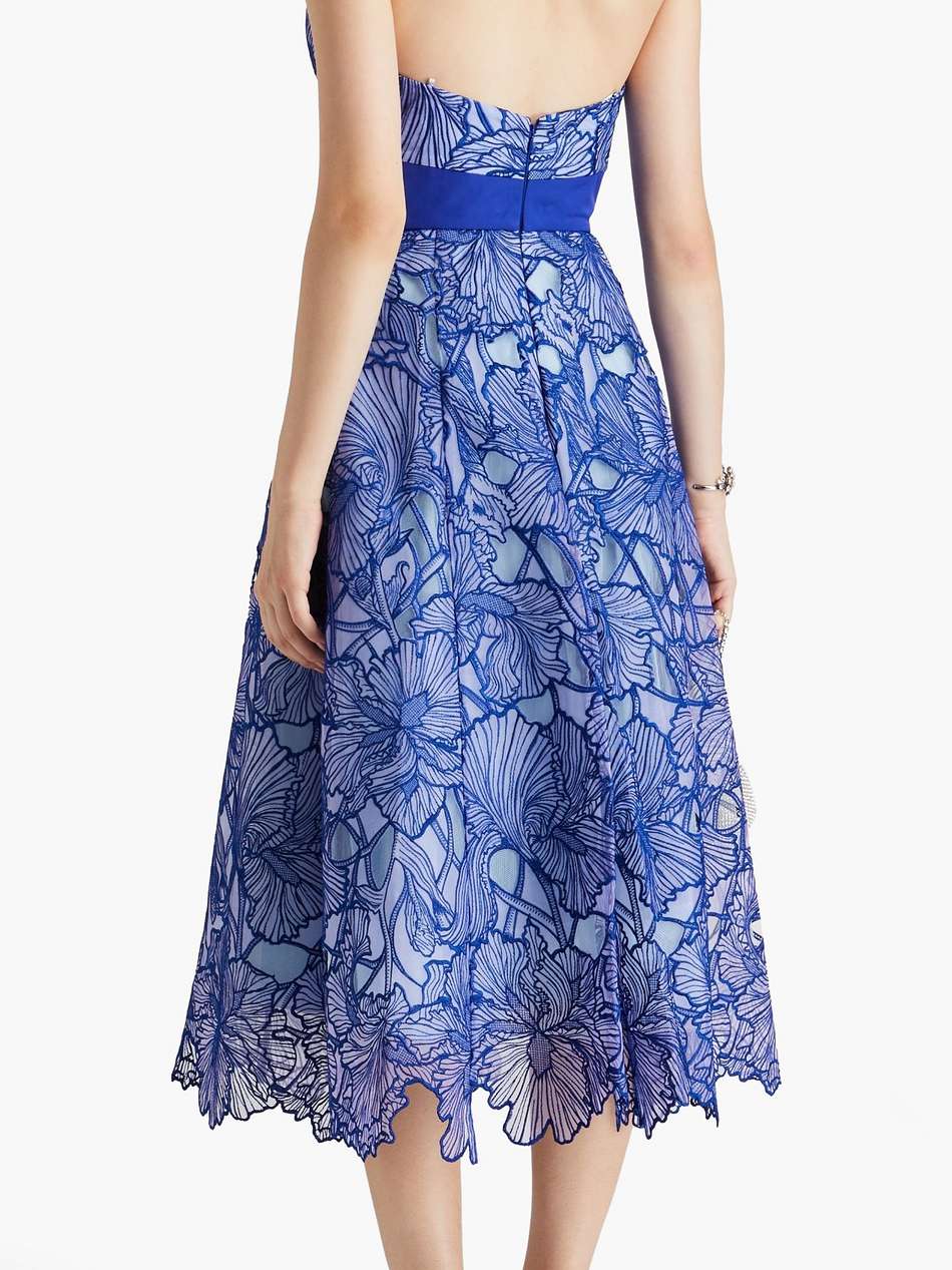 strapless taffeta-paneled embroidered tulle midi dress
