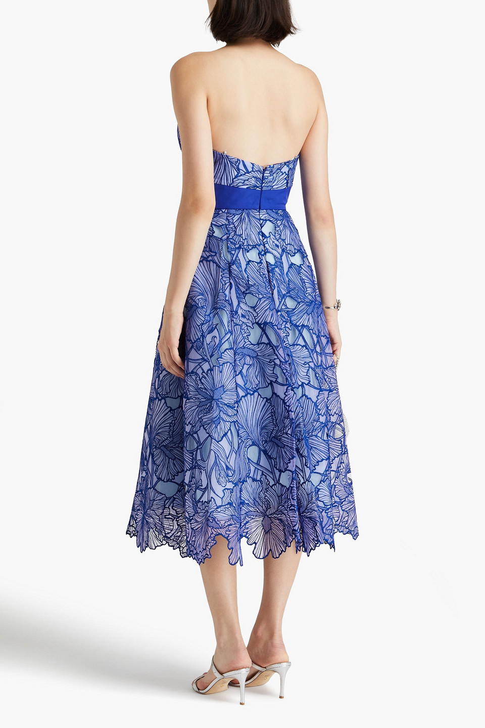 Shop Marchesa Notte Strapless Taffeta-paneled Embroidered Tulle Midi Dress In Royal Blue