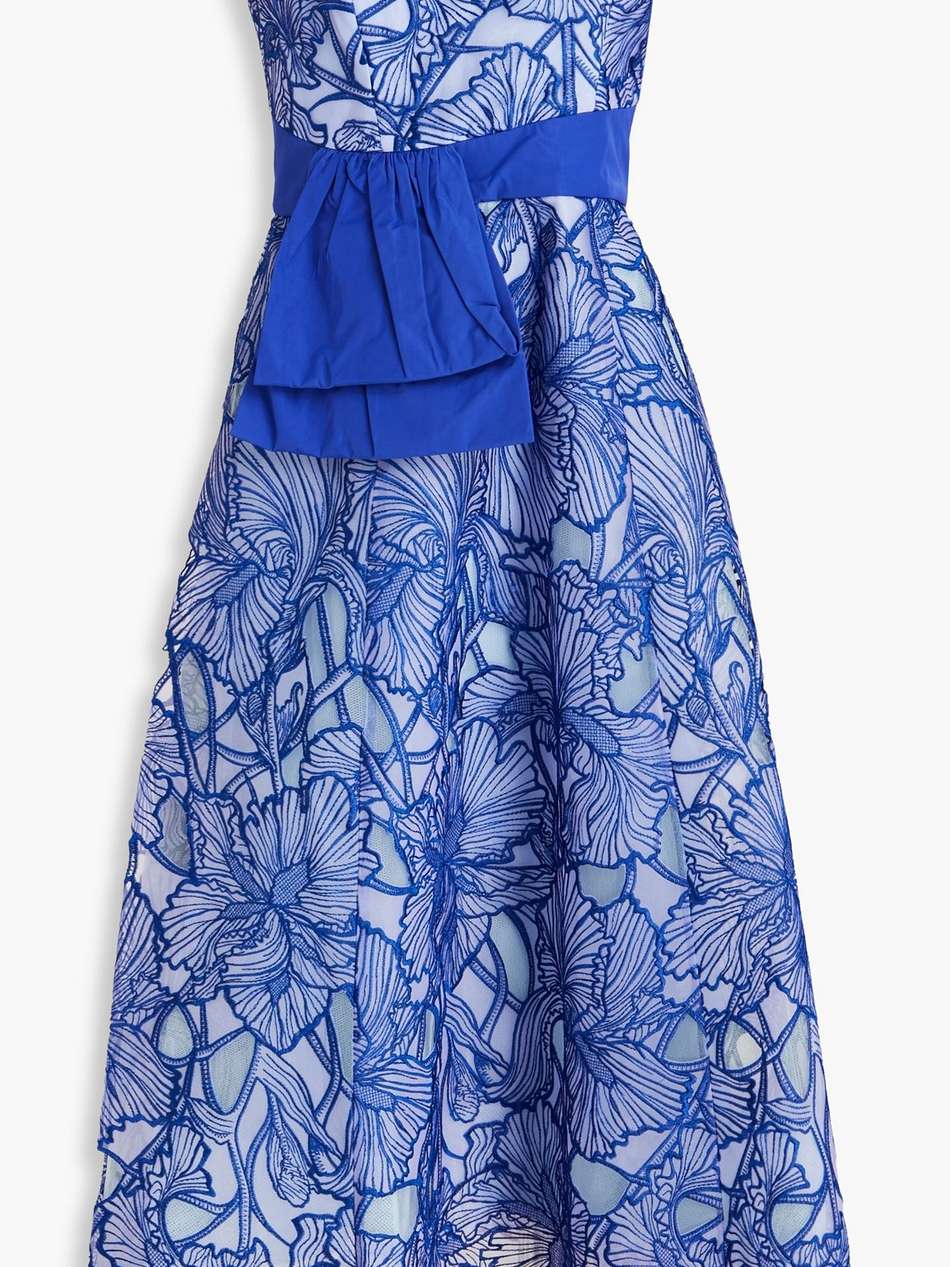 strapless taffeta-paneled embroidered tulle midi dress