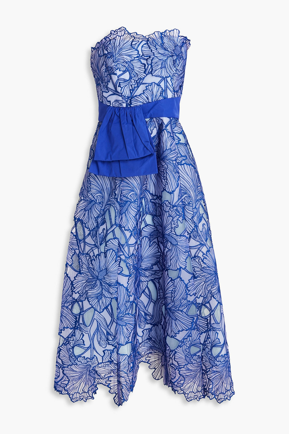 Shop Marchesa Notte Strapless Taffeta-paneled Embroidered Tulle Midi Dress In Royal Blue