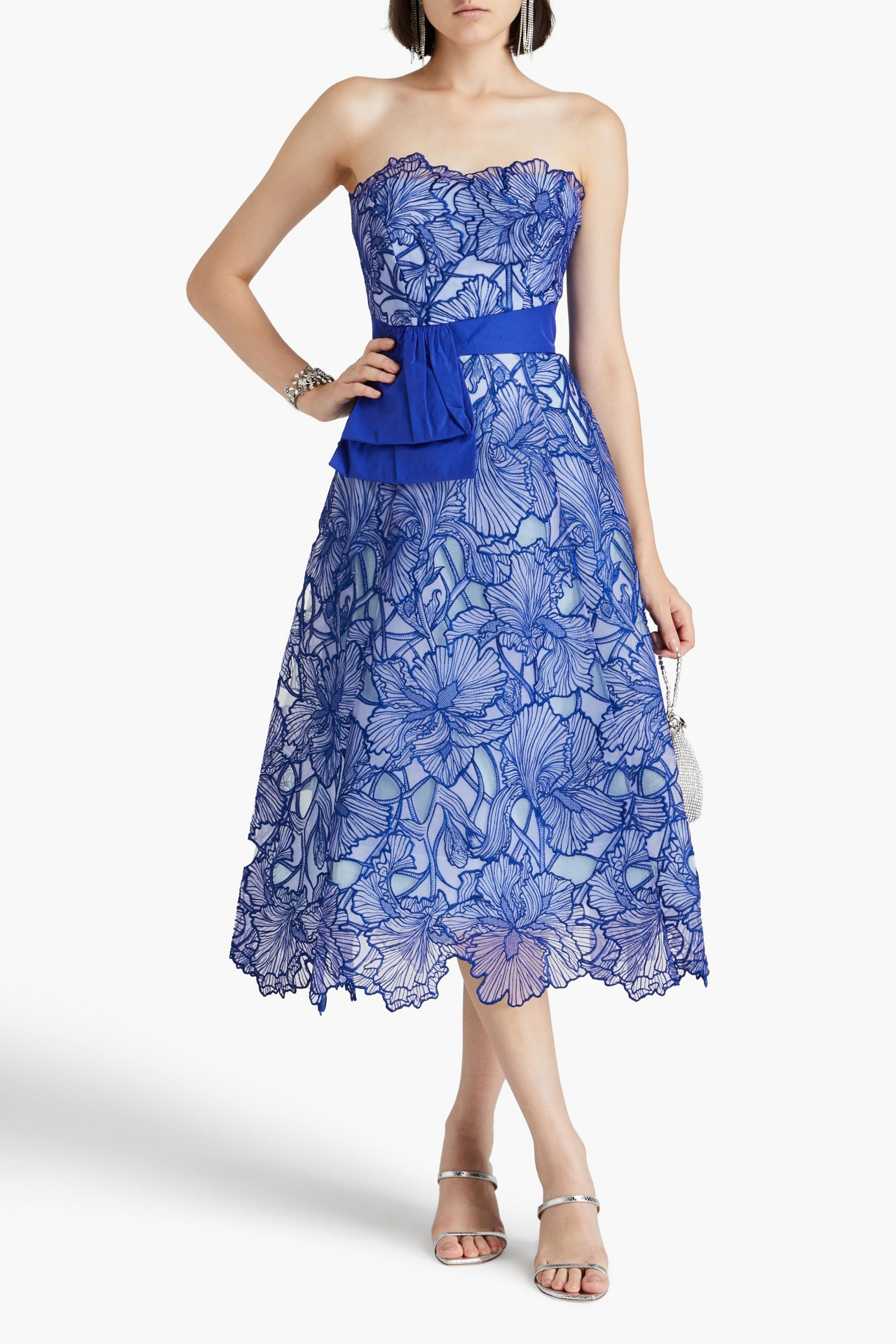 MARCHESA NOTTE Strapless taffeta-paneled embroidered tulle midi dress