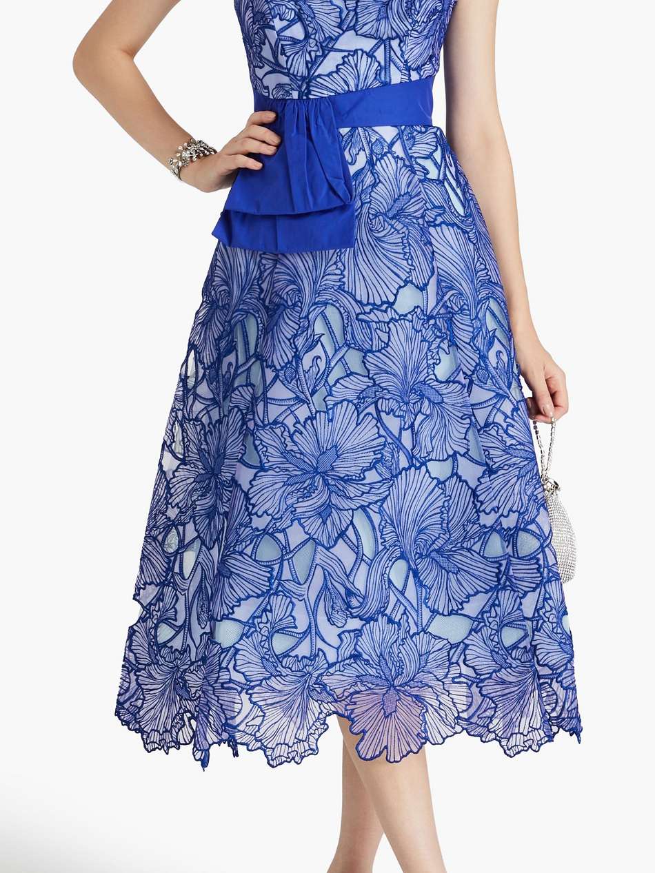 strapless taffeta-paneled embroidered tulle midi dress