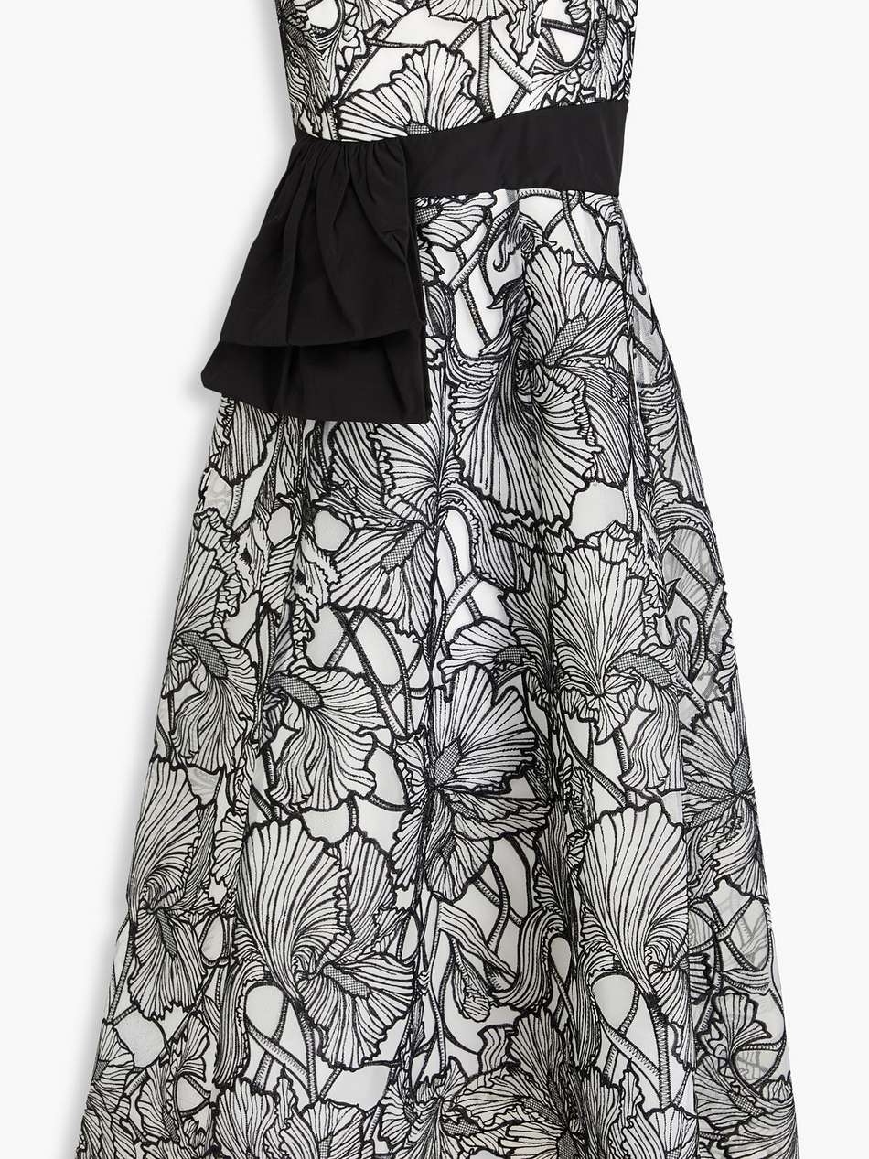 strapless taffeta-paneled embroidered tulle midi dress