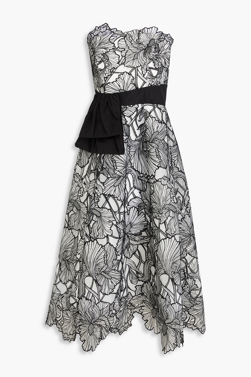 Marchesa Notte Strapless Taffeta-paneled Embroidered Tulle Midi Dress In Black