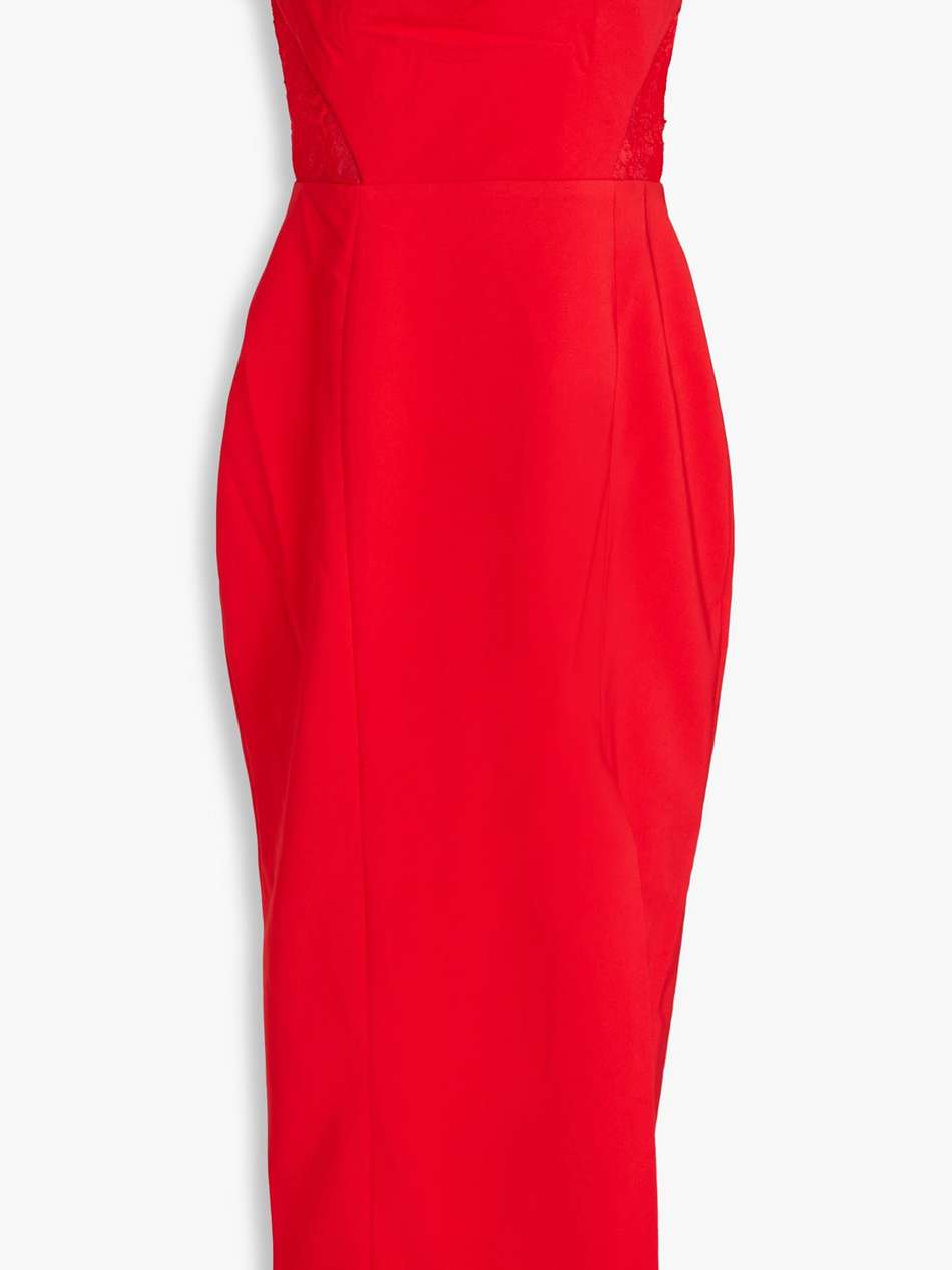 strapless lace-trimmed pleated crepe midi dress