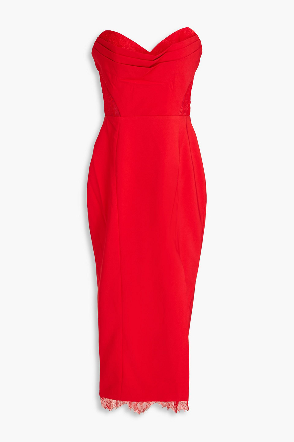 Strapless lace-trimmed pleated crepe midi dress