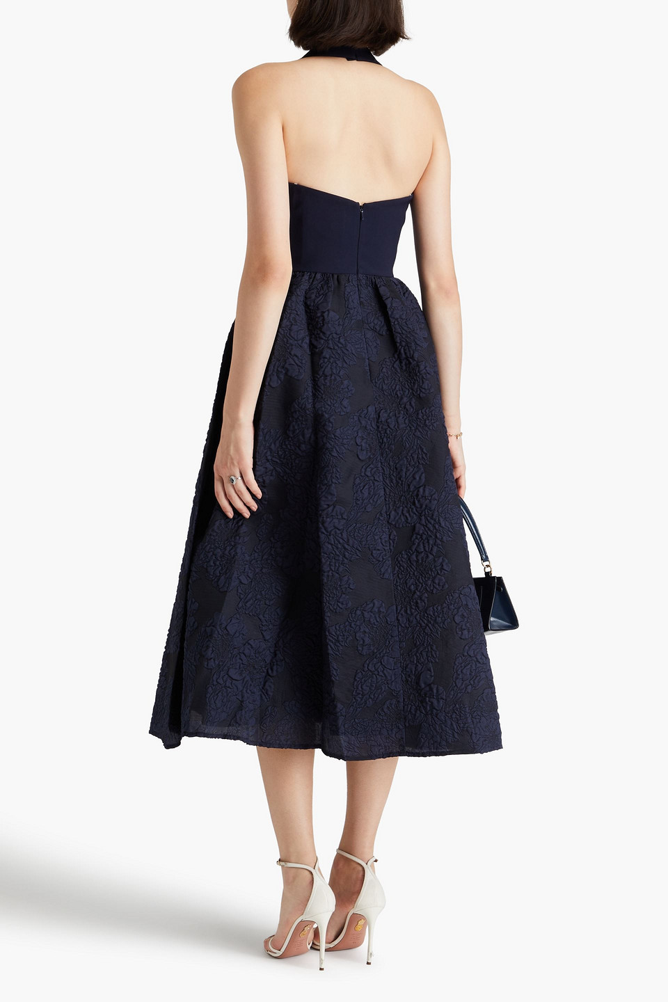 Marchesa Notte Cloqué And Crepe Halterneck Midi Dress In Navy