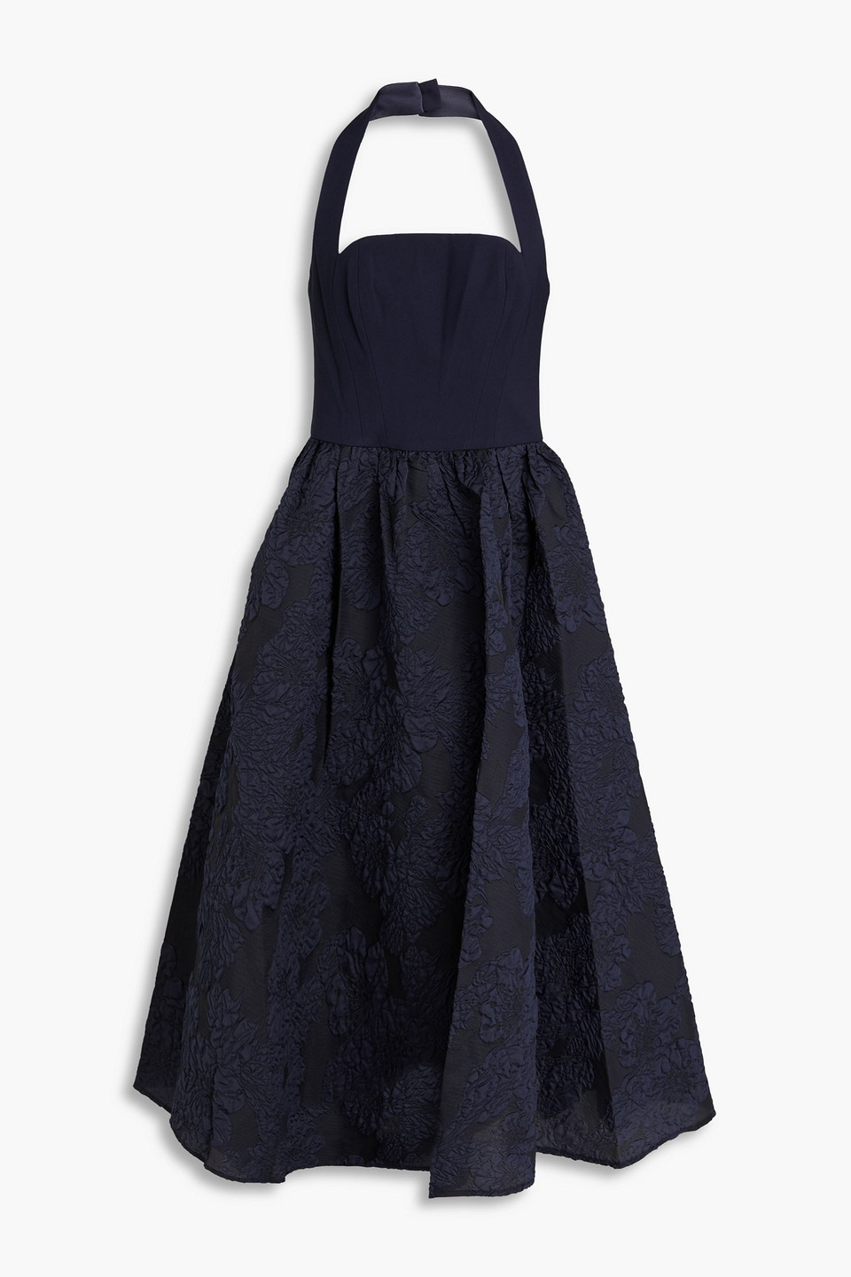 Marchesa Notte Cloqué And Crepe Halterneck Midi Dress In Navy