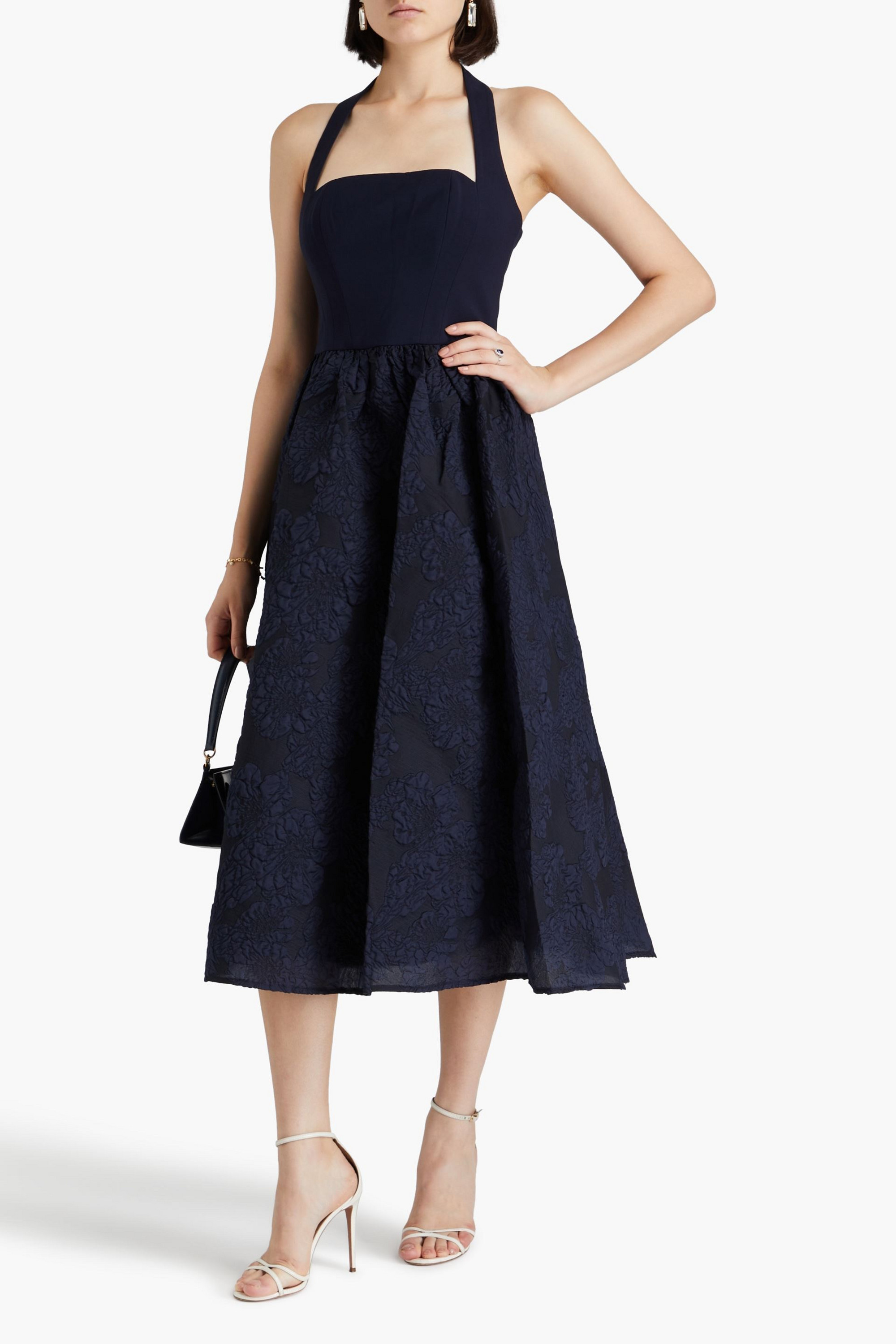 MARCHESA NOTTE Cloqué and crepe halterneck midi dress
