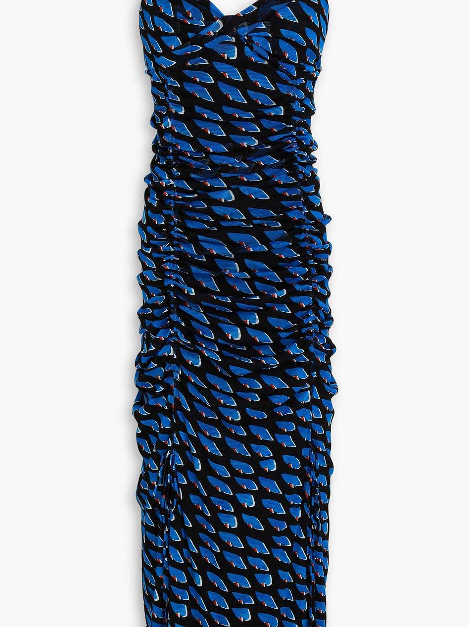 lester ruched printed stretch-mesh midi dress