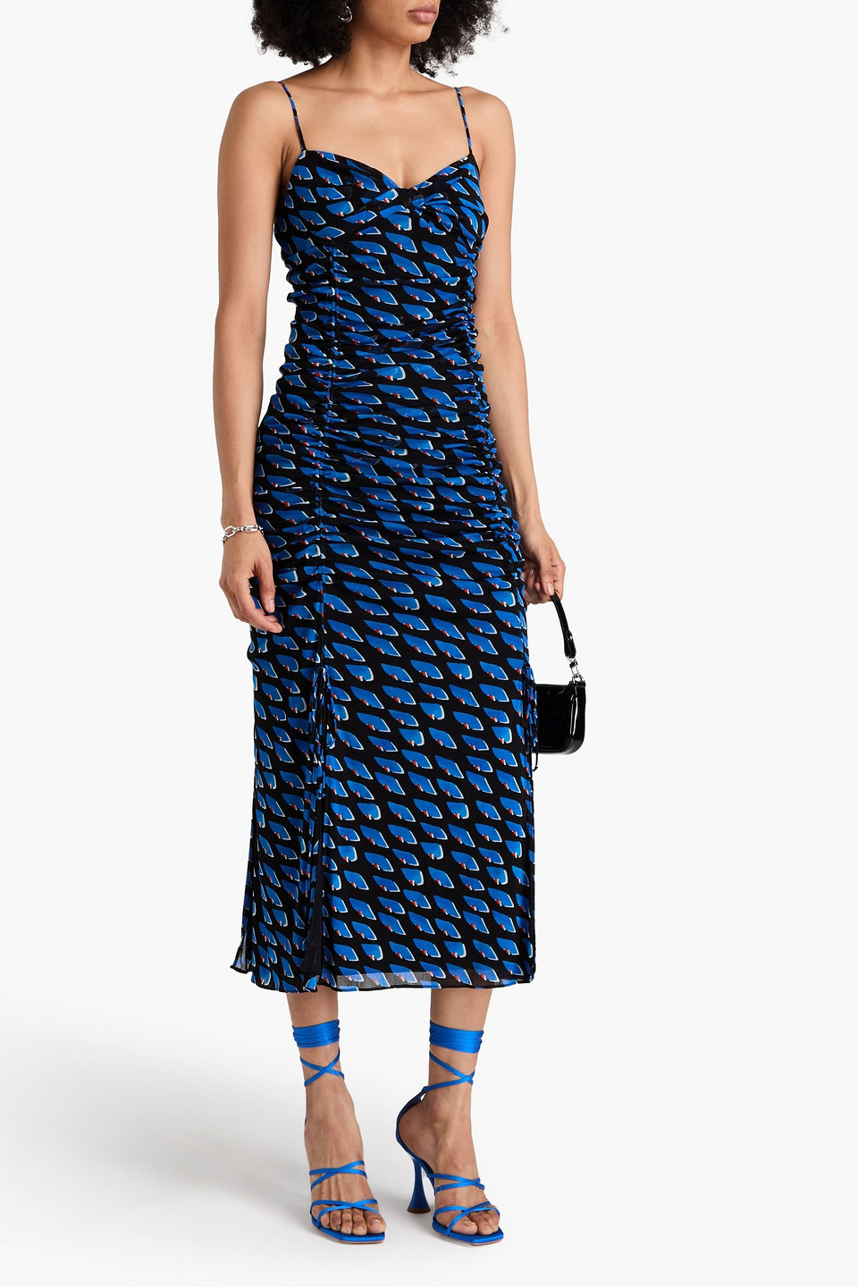 Diane Von Furstenberg Lester Ruched Printed Stretch-mesh Midi Dress In Blue