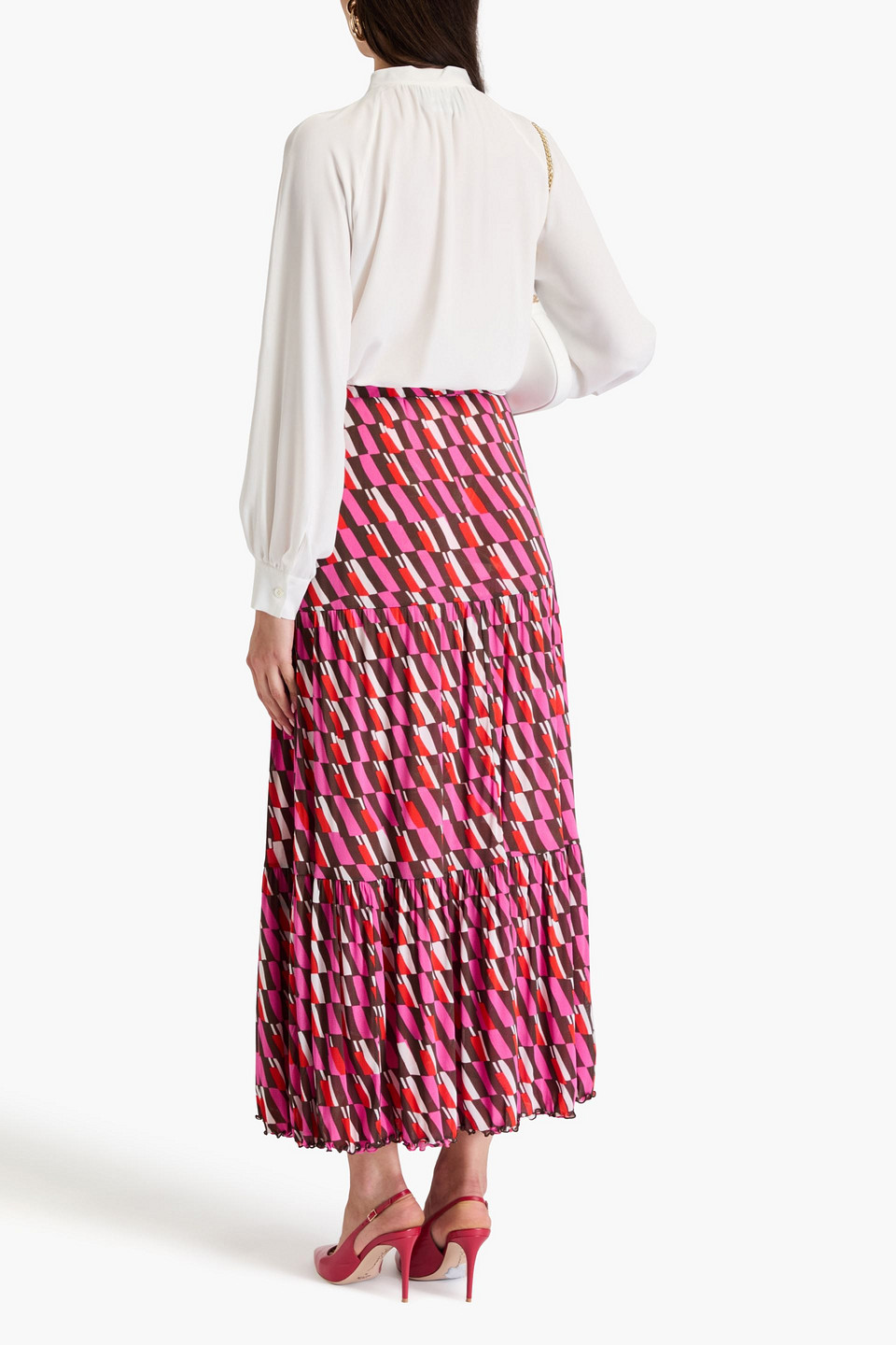 DIANE VON FURSTENBERG AUSTRIA REVERSIBLE TIERED PRINTED STRETCH-MESH MAXI SKIRT