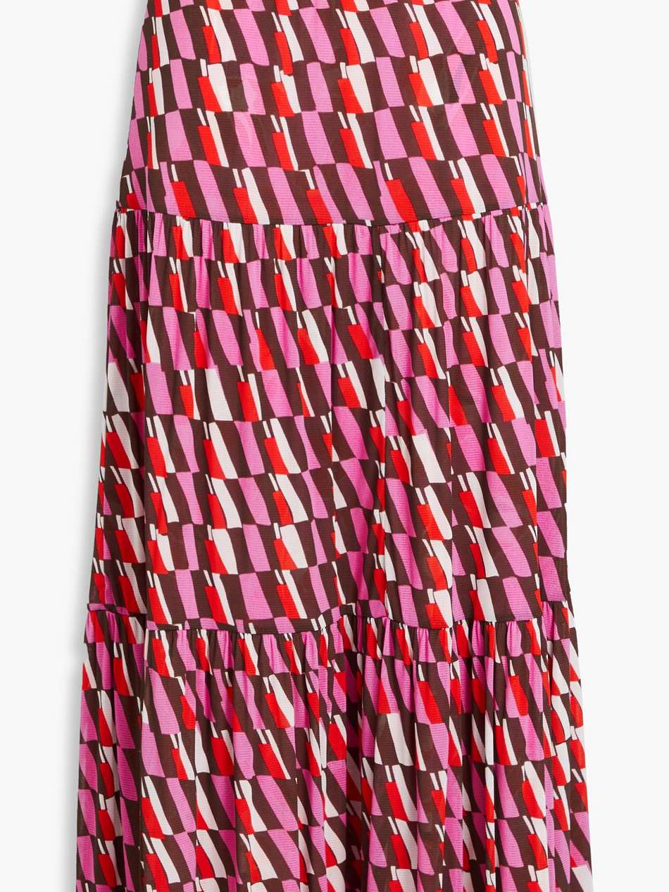 austria reversible tiered printed stretch-mesh maxi skirt