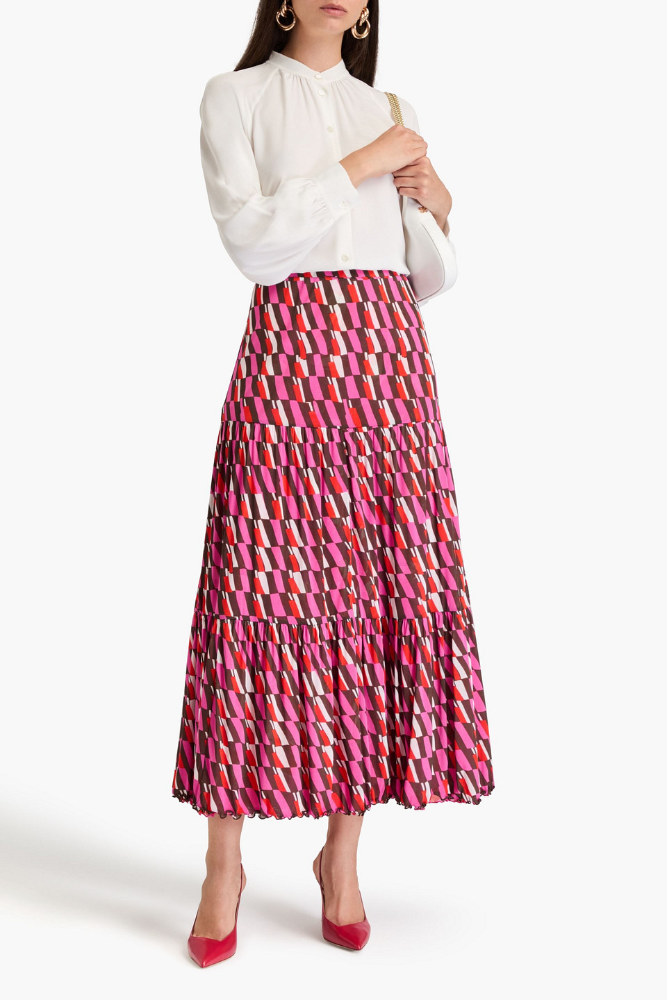 DIANE VON FURSTENBERG AUSTRIA REVERSIBLE TIERED PRINTED STRETCH-MESH MAXI SKIRT