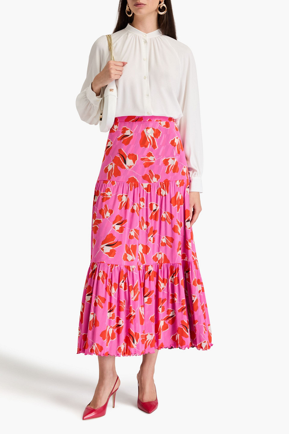 DIANE VON FURSTENBERG AUSTRIA REVERSIBLE TIERED PRINTED STRETCH-MESH MAXI SKIRT