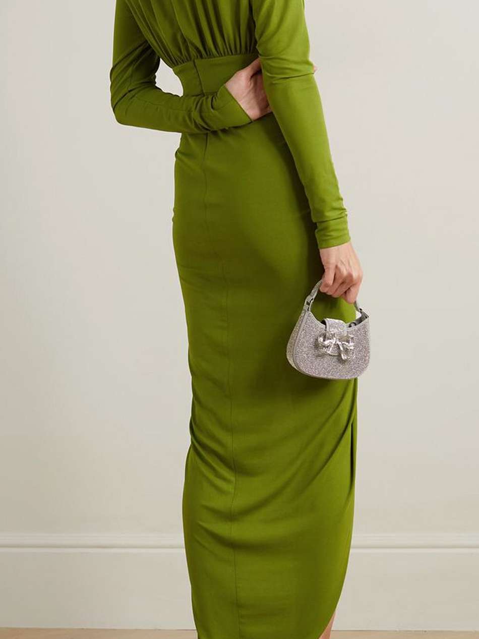 ruffled ruched stretch-crepe maxi dress