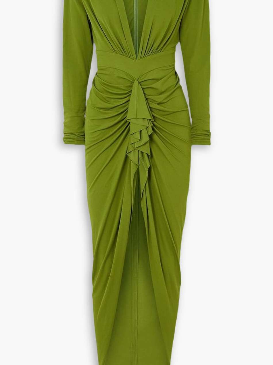 ruffled ruched stretch-crepe maxi dress