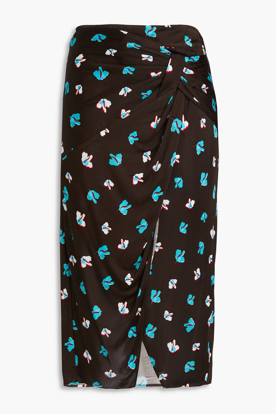 Diane Von Furstenberg Garcel Wrap-effect Floral-print Satin-jersey Midi Skirt In Dark Brown