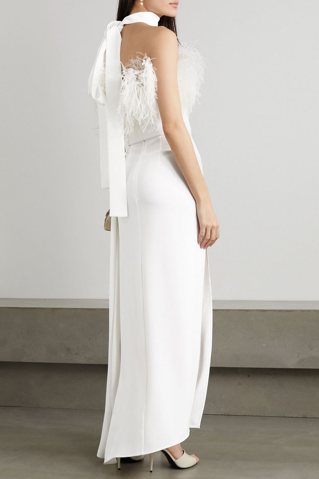 ELIE SAAB Draped feather-trimmed crepe gown