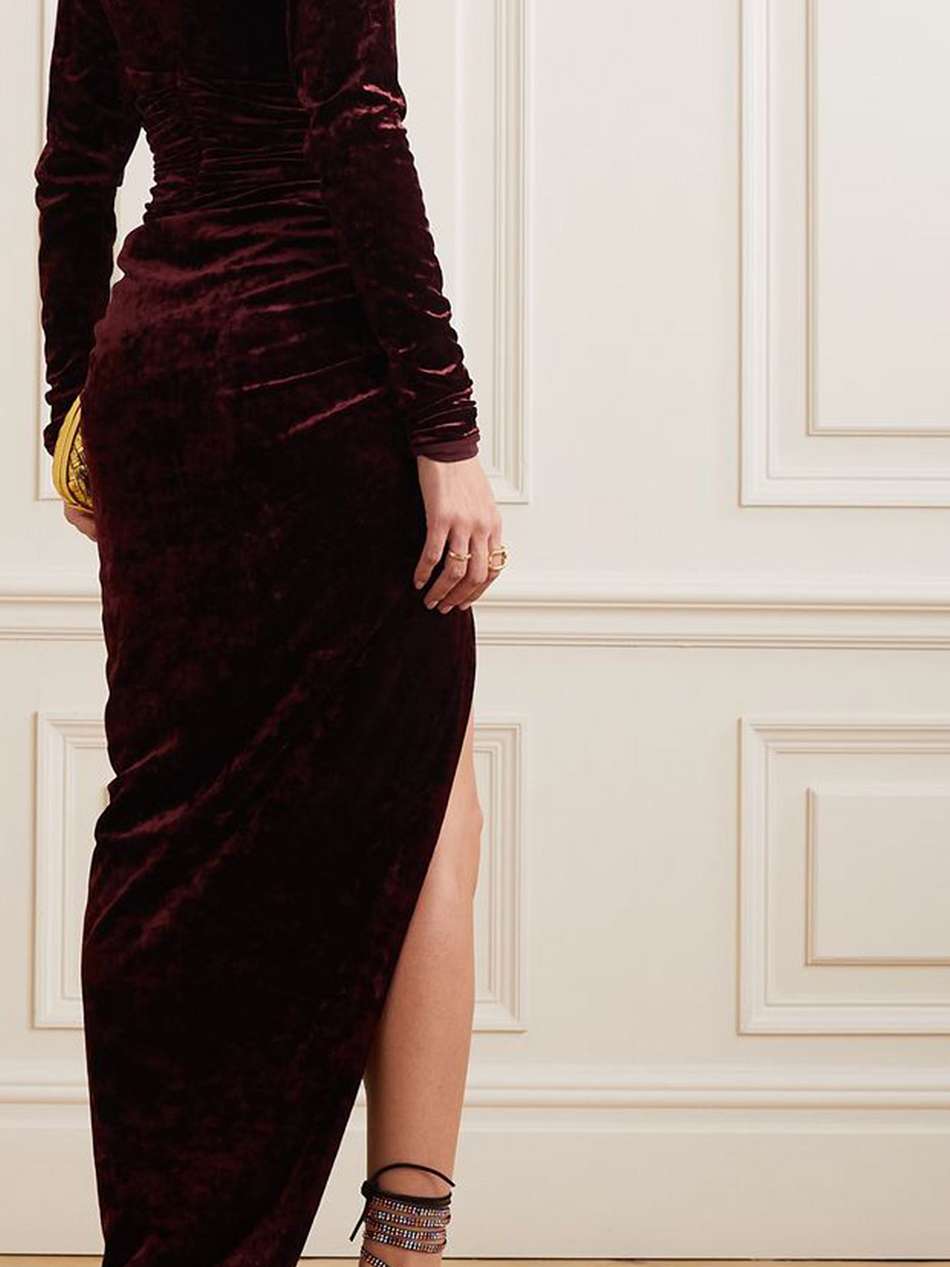 ruched stretch-velvet maxi dress