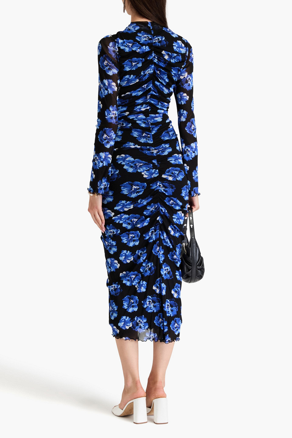 Diane Von Furstenberg Alabama Ruched Floral-print Stretch-mesh Midi Dress In Cobalt Blue