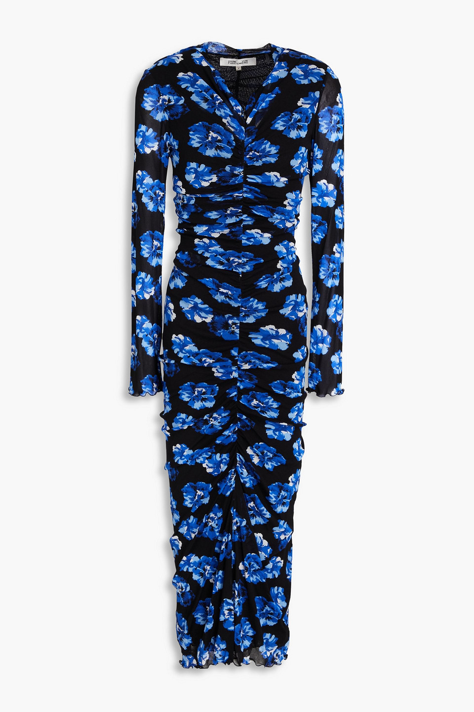 Diane Von Furstenberg Alabama Ruched Floral-print Stretch-mesh Midi Dress In Cobalt Blue