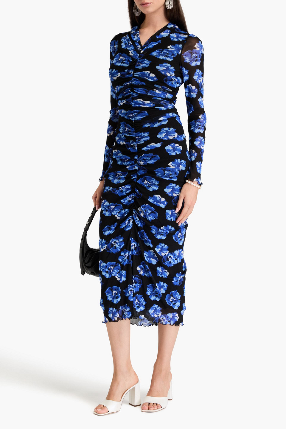 Diane Von Furstenberg Alabama Ruched Floral-print Stretch-mesh Midi Dress In Cobalt Blue