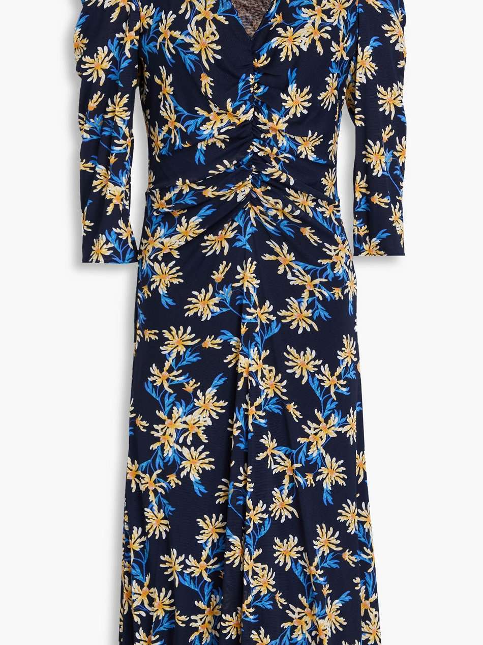 ivan ruched printed stretch-mesh midi dress