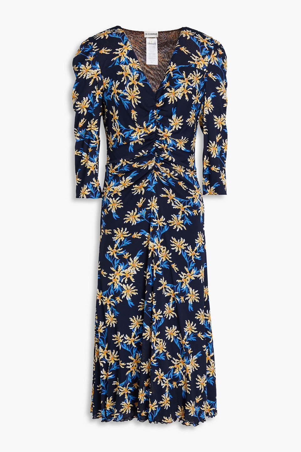 Diane Von Furstenberg Ivan Ruched Printed Stretch-mesh Midi Dress In Navy
