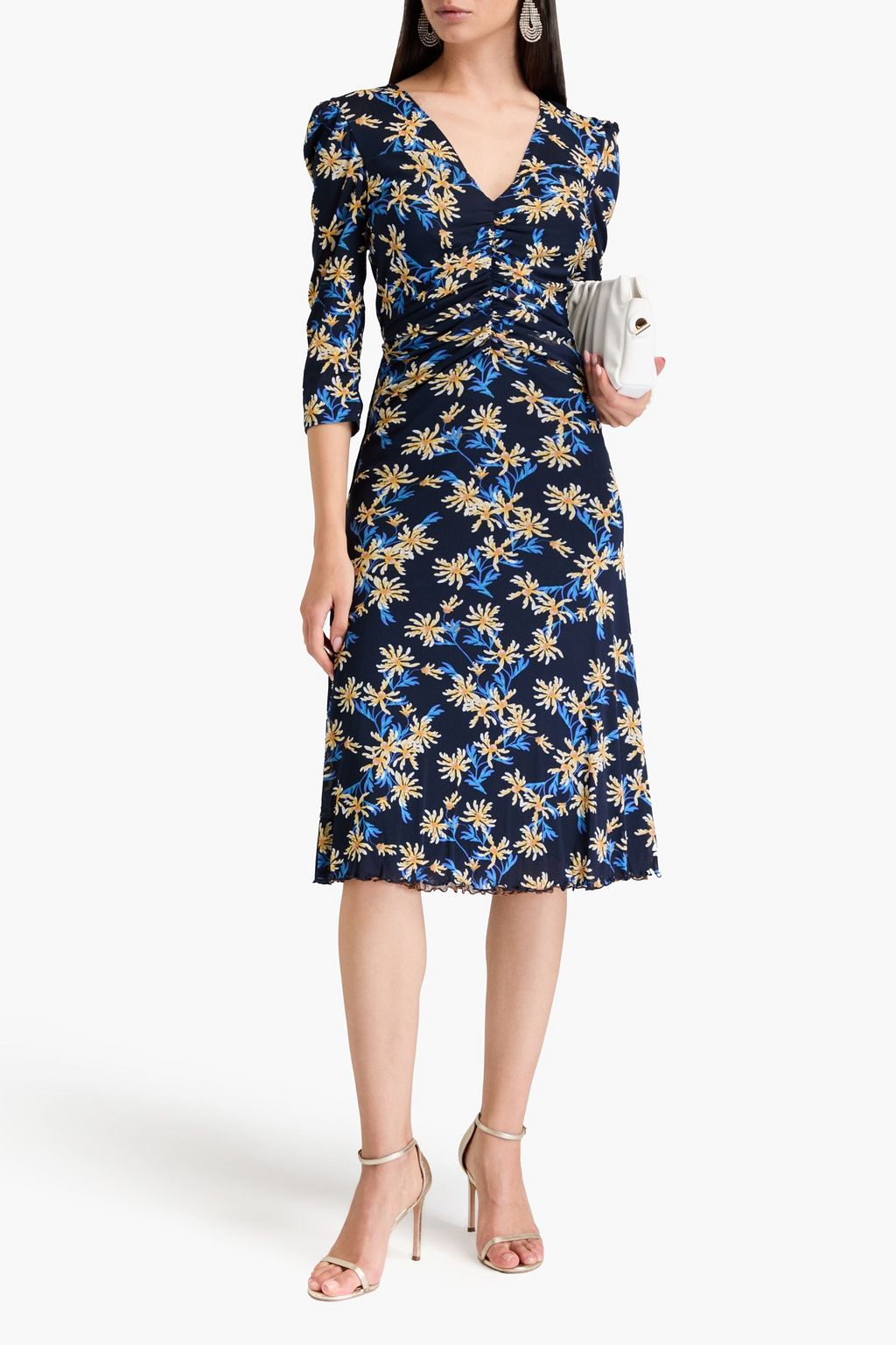 DIANE VON FURSTENBERG 루쉬 장식 프린트 스트레치 메쉬 미디 드레스