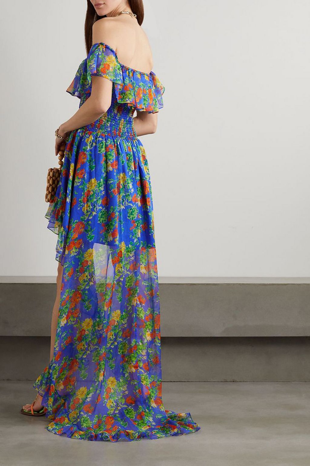 CAROLINE CONSTAS Della off-the-shoulder asymmetric ruffled floral-print silk-chiffon gown
