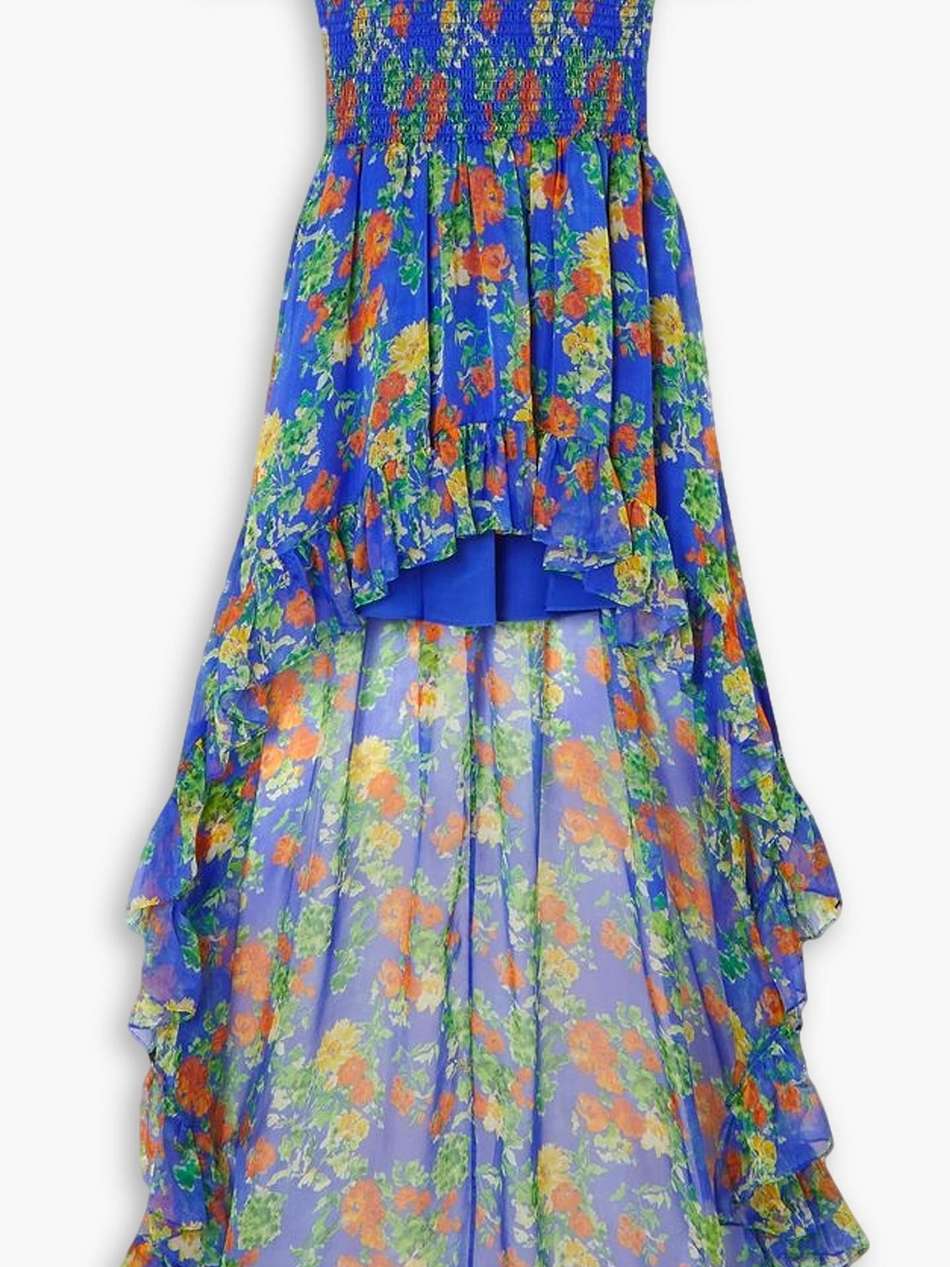 della off-the-shoulder asymmetric ruffled floral-print silk-chiffon gown