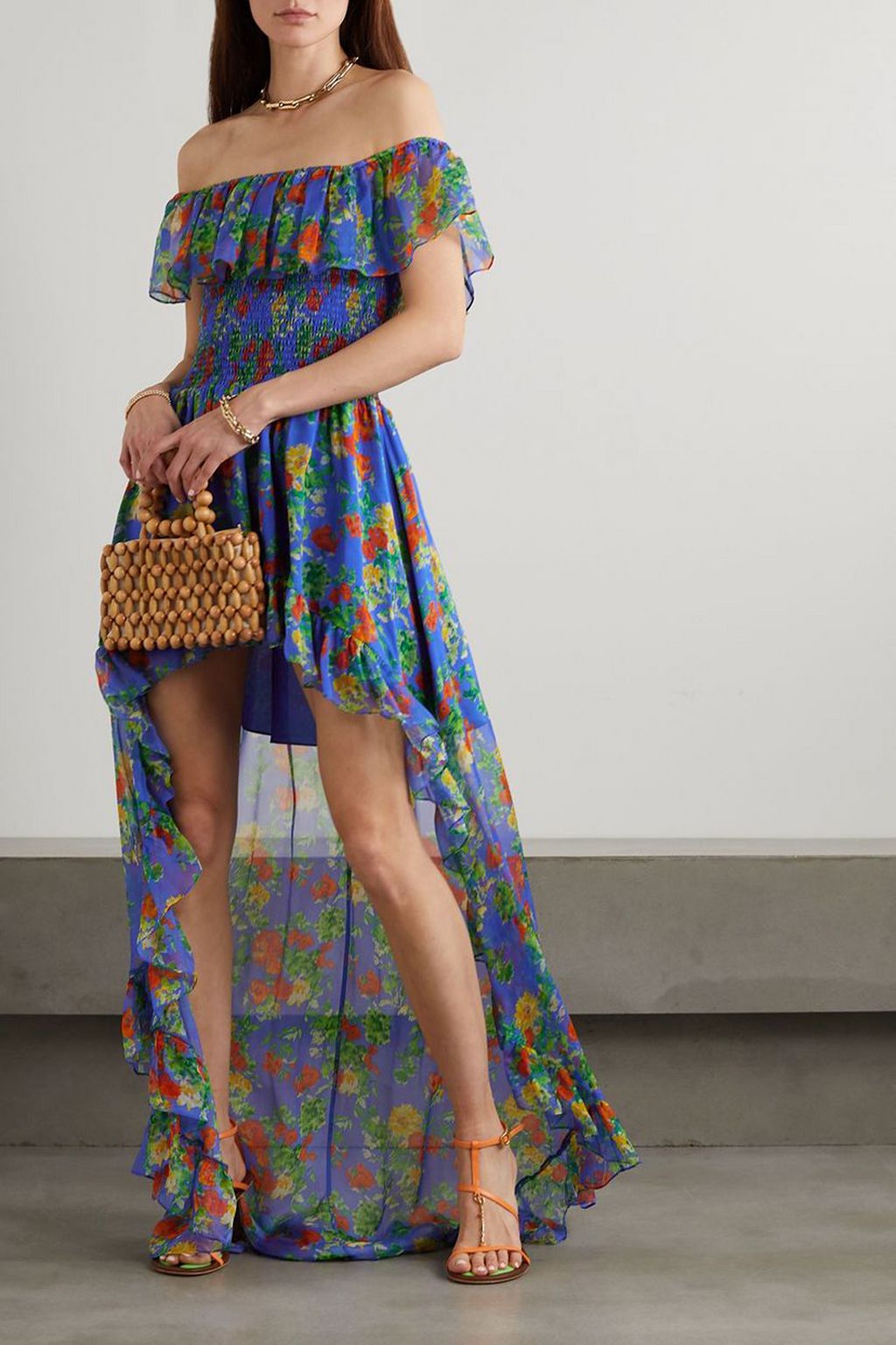 CAROLINE CONSTAS Della off-the-shoulder asymmetric ruffled floral-print silk-chiffon gown