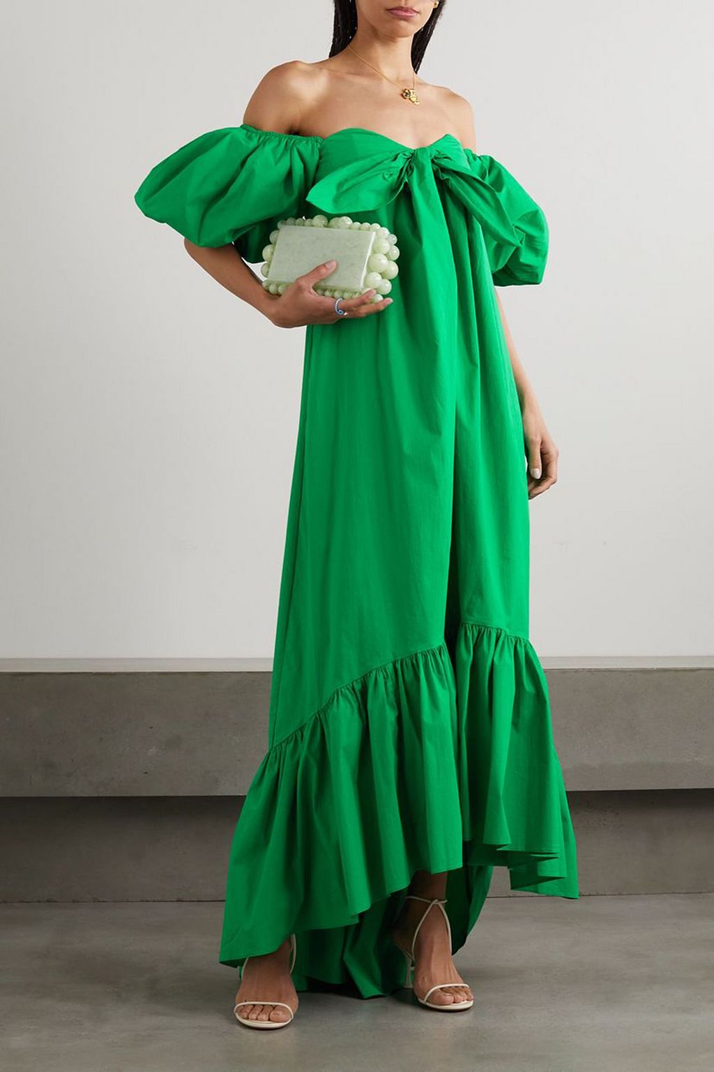 CAROLINE CONSTAS Gabrielle off-the-shoulder tie-detailed cotton-blend poplin midi dress