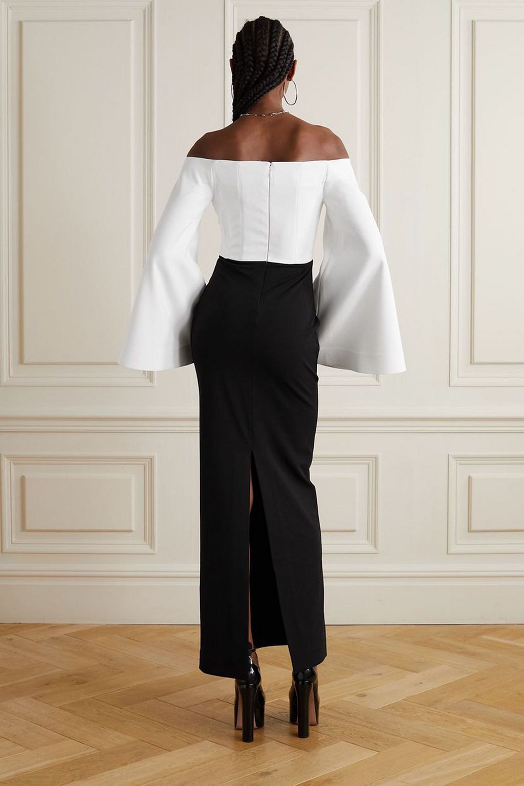 SOLACE LONDON Eliana off-the-shoulder two-tone stretch-crepe maxi dress