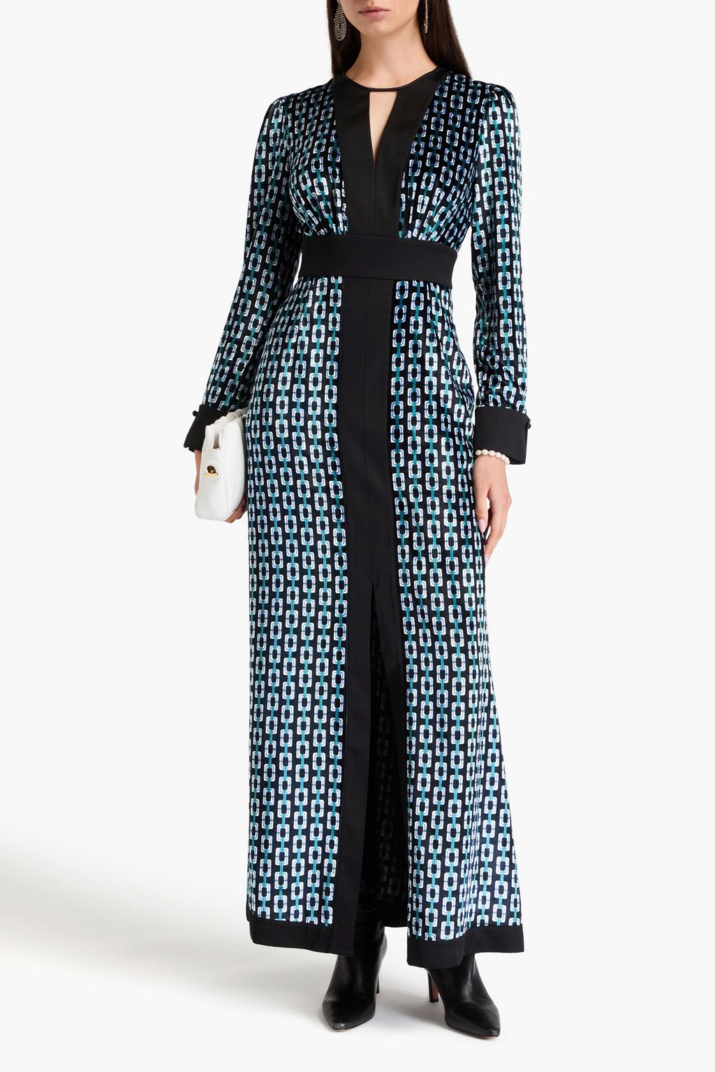 DIANE VON FURSTENBERG فستان Libby طويل من المخمل بحواف من الساتان ومزين بطبعات