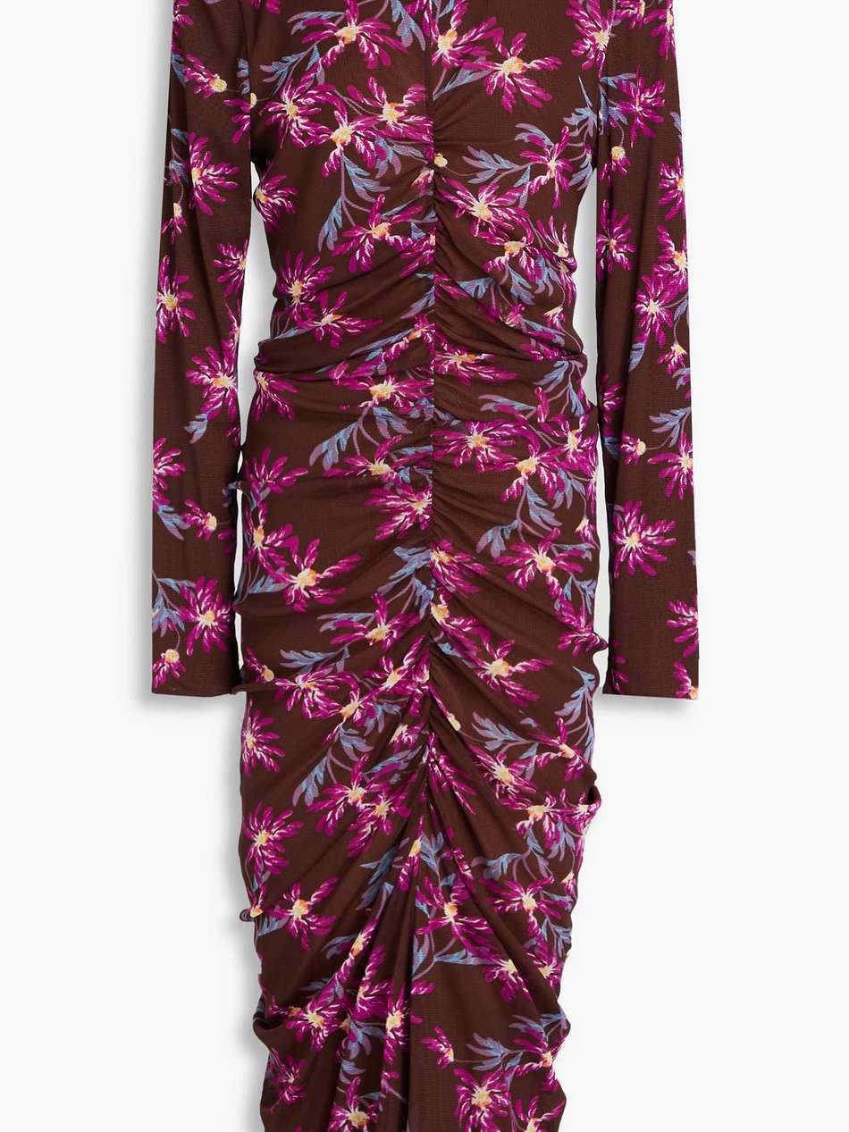 paris ruched floral-print stretch-mesh midi dress