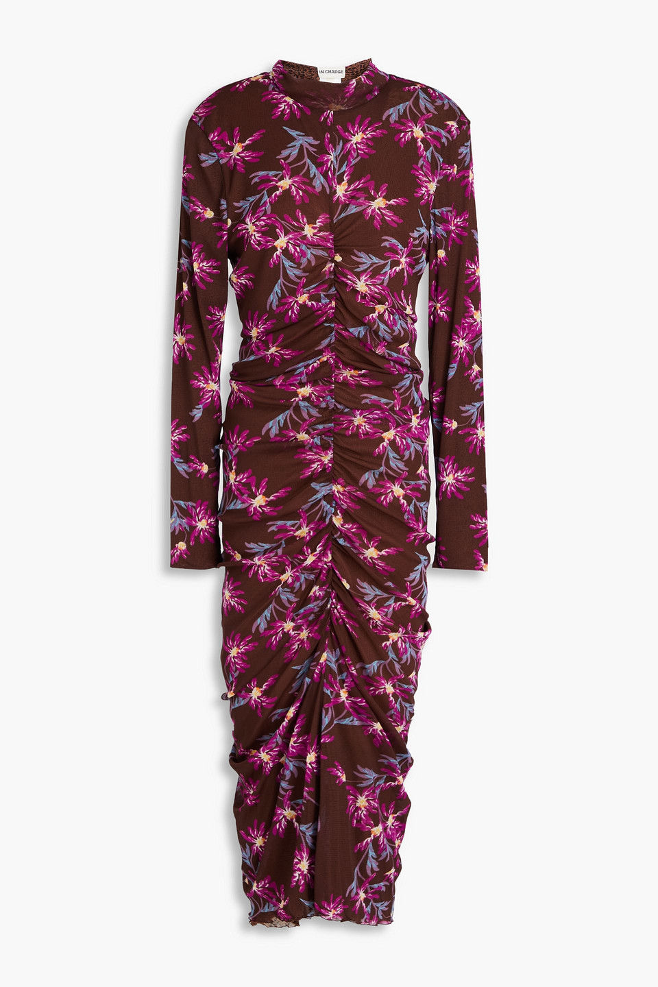 Diane Von Furstenberg Paris Ruched Floral-print Stretch-mesh Midi Dress In Brown