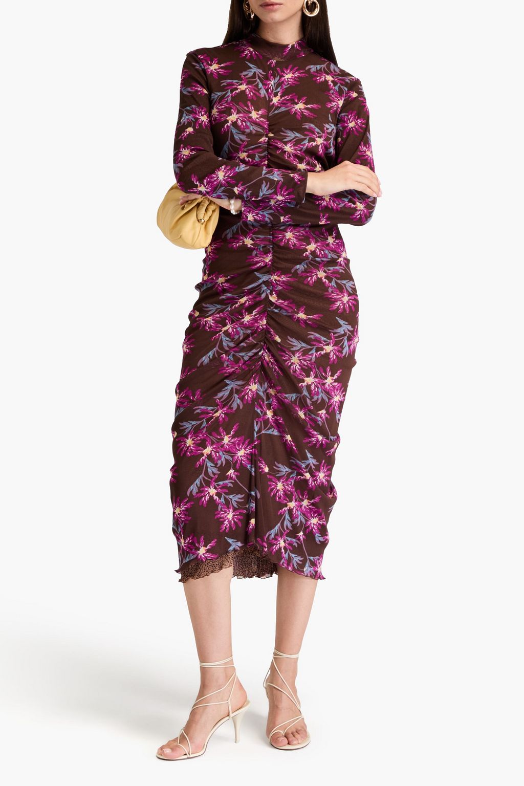 DIANE VON FURSTENBERG ストレッチメッシュ ミディワンピース ルーシュ入り フローラルプリント