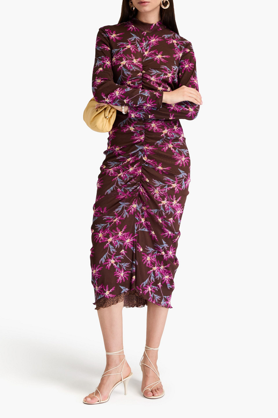 Diane Von Furstenberg Paris Ruched Floral-print Stretch-mesh Midi Dress In Brown