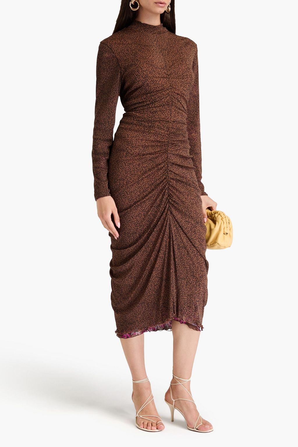DIANE VON FURSTENBERG ストレッチメッシュ ミディワンピース ルーシュ入り フローラルプリント