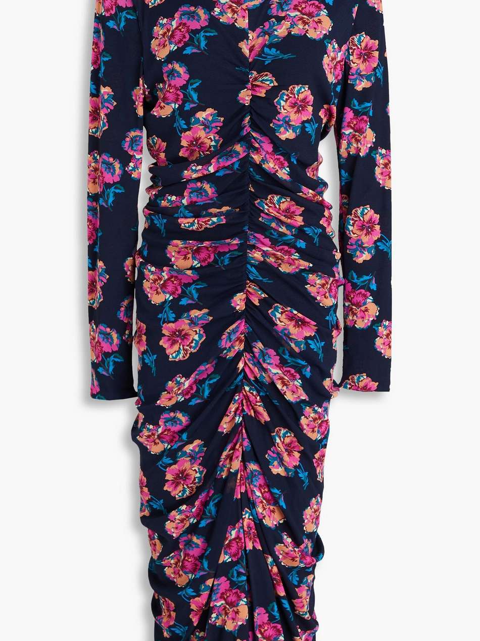 pansy ruched floral-print stretch-mesh midi dress
