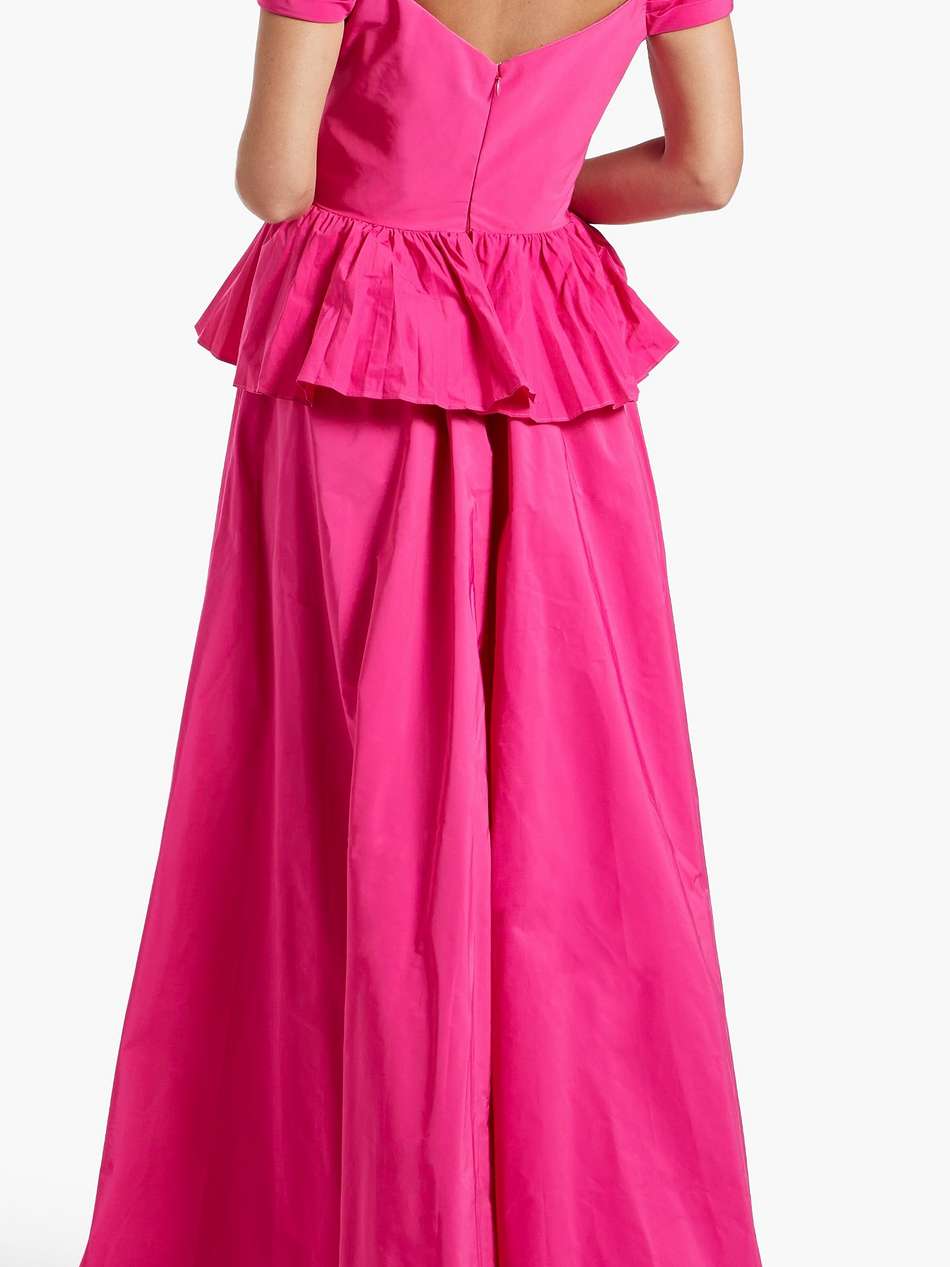 off-the-shoulder pleated ruffled taffeta gown