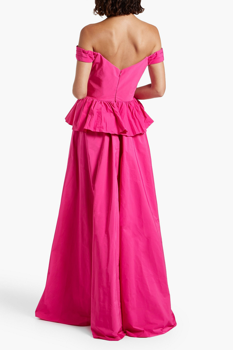 MARCHESA NOTTE OFF-THE-SHOULDER PLEATED RUFFLED TAFFETA GOWN 