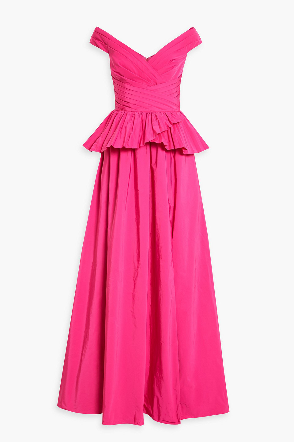MARCHESA NOTTE OFF-THE-SHOULDER PLEATED RUFFLED TAFFETA GOWN 