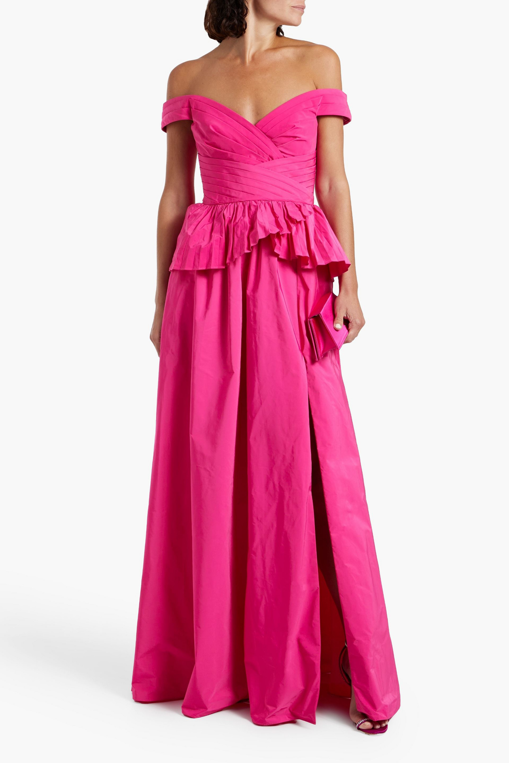 MARCHESA NOTTE Off-the-shoulder pleated ruffled taffeta gown