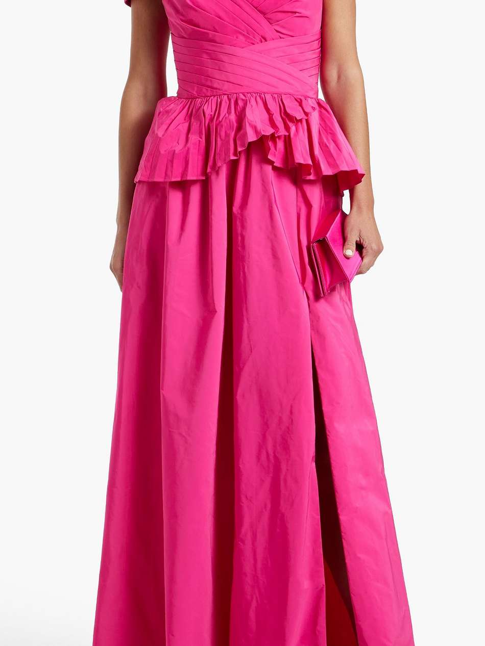 off-the-shoulder pleated ruffled taffeta gown