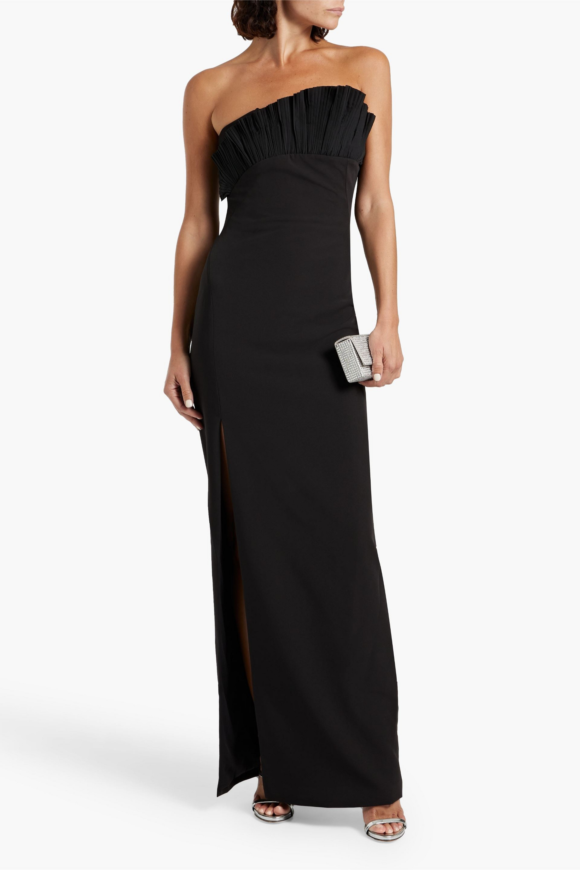 MARCHESA NOTTE Pleated poplin-paneled stretch-jersey maxi dress